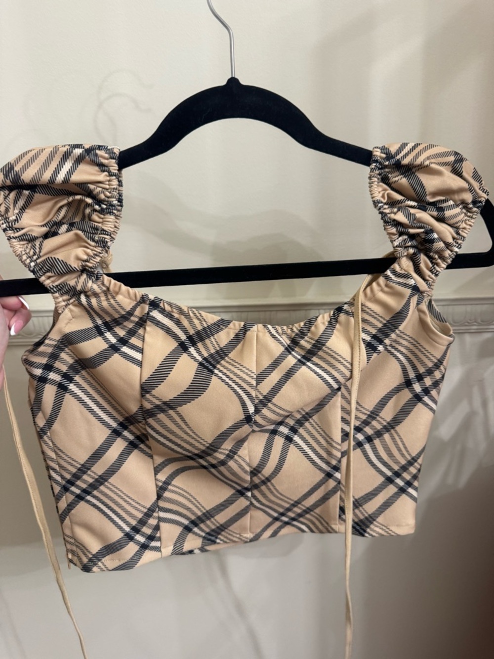 I.AM.GIA Beige and Black Plaid Ruched Strap Crop Top - Picture 2 of 4